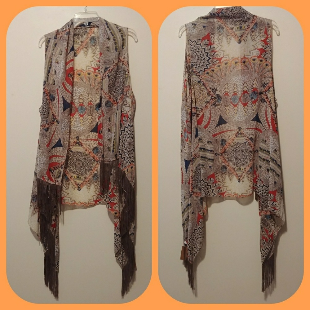 SOLD! Feather Printed Sleevless Kimono W/ Fringe